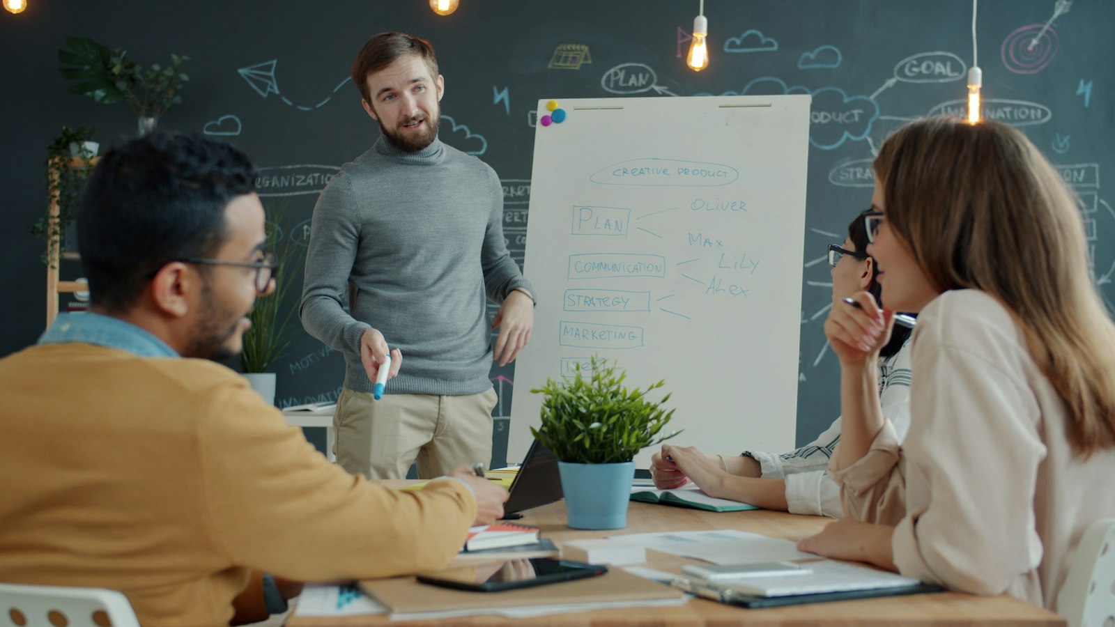 Leadership team aligning on strategy at a whiteboard
